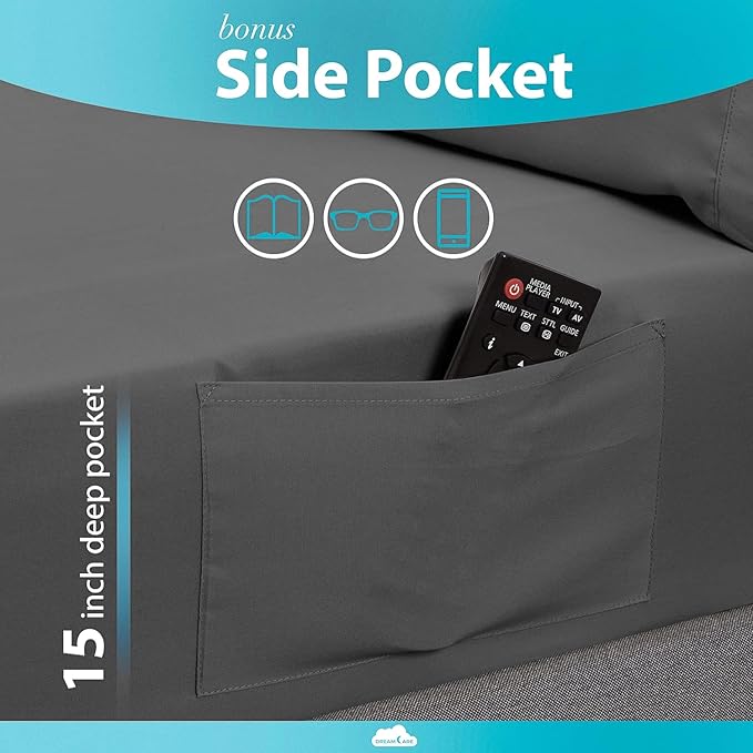 DREAMCARE Twin XL Sheet Sets - 4pc Cooling Sheets XL Twin Sheets - Twin XL up to 21” Deep Pocket – Hotel Luxury Extra Long 100% Brushed Microfiber with Side Pocket - D. Gray