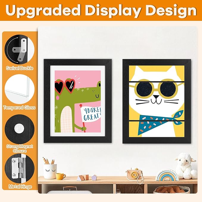 8 Pack Kids Artwork Frames Changeable 8.5 x 11 Inch Children Art Projects Kids Art Frames Front Opening Picture Display Frame, Black