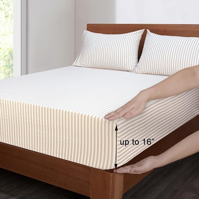 Mejoroom Striped Queen Size Sheet Set - Hotel Luxury 1800 Bedding Sheets & Pillowcases - Deep Pocket Fitted Sheet, Soft, Breathable, Wrinkle & Fade Resistant - 4 Piece (Beige Stripe)
