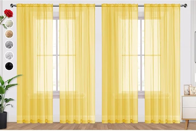 SpaceDresser Yellow Sheer Curtains 4 Panels Rod Pocket Semi-Sheer Curtain 108 by SpaceDresser