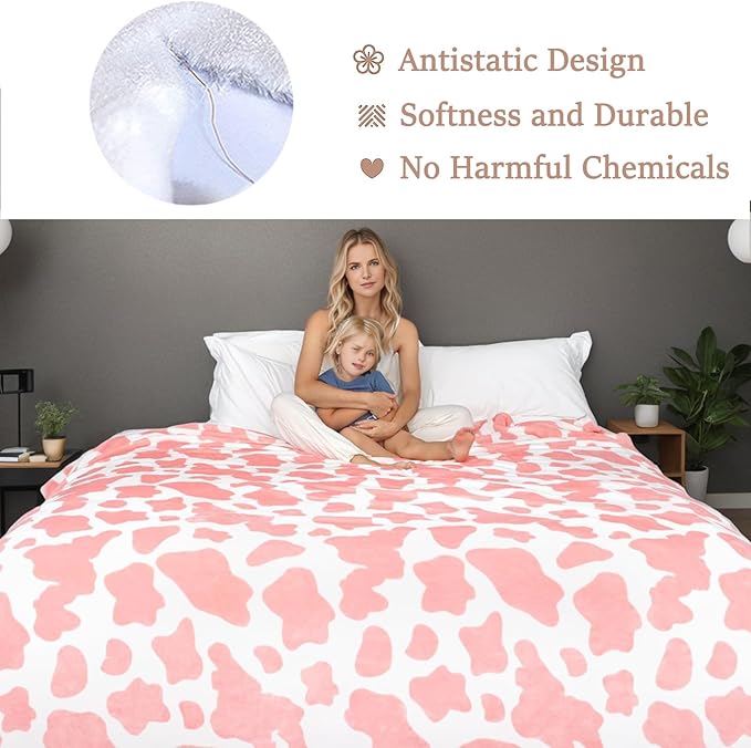 Flannel Pink Cow Print Blanket Twin Size - Premium Lightweight Anti-Static Super Soft Cow Blankets for Twin/Twin XL Extra Long Bed, Winter Warm Cow Print Throw Blanket 66" x 90"(Pink Cow)