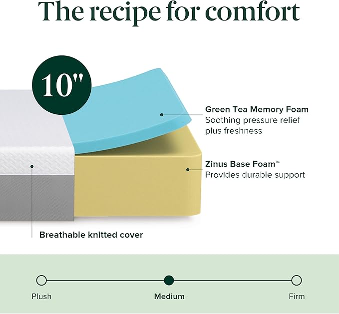 ZINUS 10 Inch Green Tea Essential Memory Foam Mattress [New Version], Full, Fiberglass Free, Medium Feel, Breathable Airflow Memory Foam, Certified Safe Foams & Fabric, Mattress in A Box