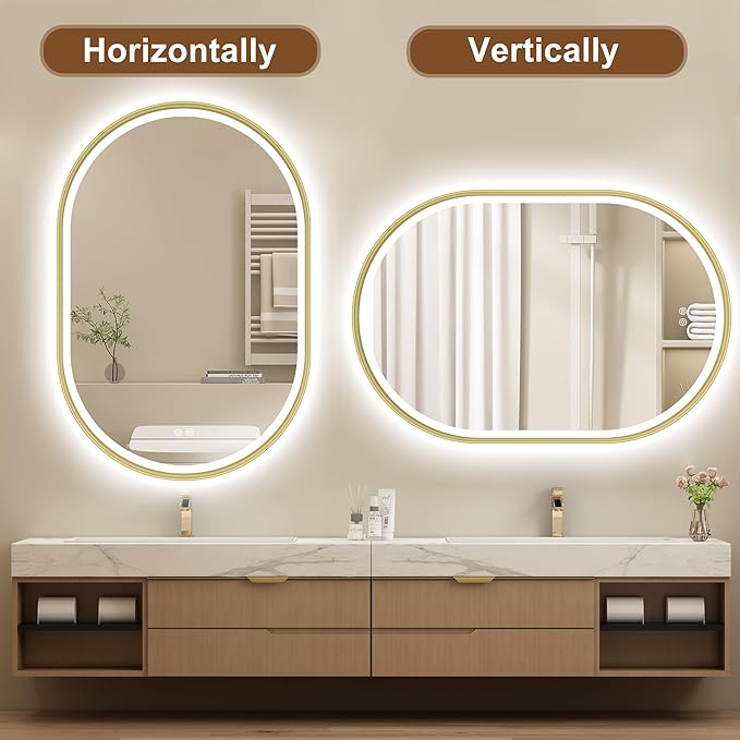 S'bagno Oval-Led-Bathroom-Mirror with Golden Frame Dimmable Brightness, Lghted-Bathroom-Mirror with Defogger, Touch-Buttons, Lights Color Changing, Vertical and Horizontal