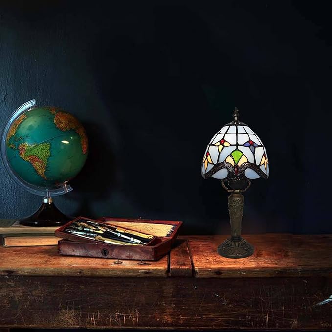 Tiffany Small Lamp Blue Baroque Stained Glass Table Lamp 3 Way Color-Temparetures Bedside Nightstand Table Lamps for Bedroom Living Room Home Office Desk Light W/LED Bulb 6X6X12.5Inch
