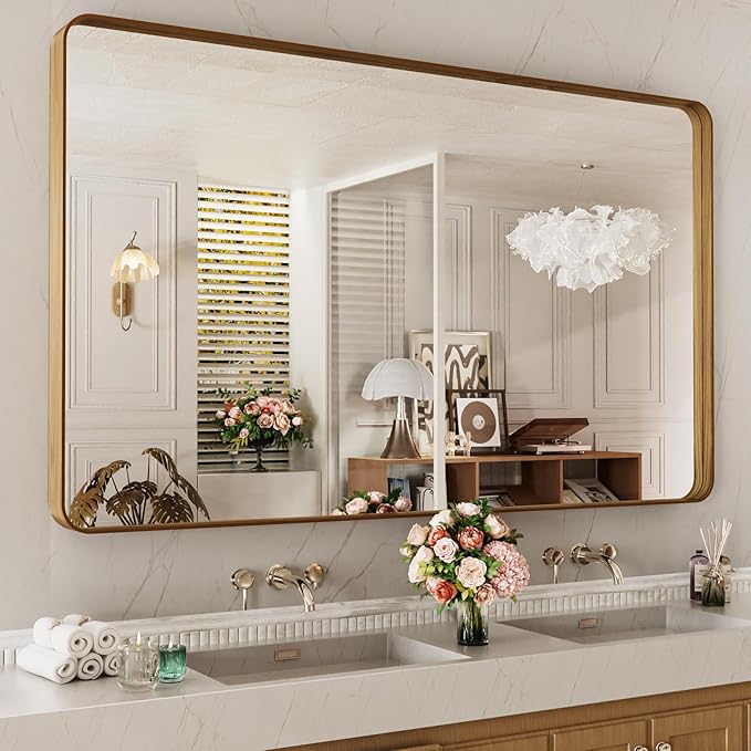 LOAAO 60X40 Inch Bathroom Mirror with Wood Grain Colored Metal Frame, Rounded Rectangle Metal Framed Bathroom Mirror, Anti-Rust, Hangs Horizontally or Vertically, Tempered Glass
