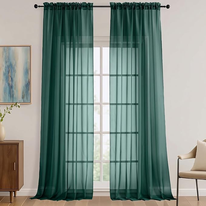 Sheer Hunter Green Curtains 108 Inches Long 2 Panels Set, 59 Inch Extra Wide by OVZME