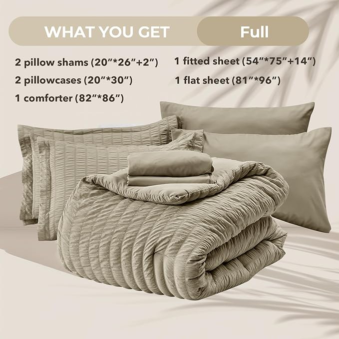 HYMOKEGE Linen Full Size Comforter Sets Seersucker 7 Pieces, All Season Luxury Bed in a Bag for Bedroom, Bedding Set with Comforter, Sheets, Pillowcases & Shams