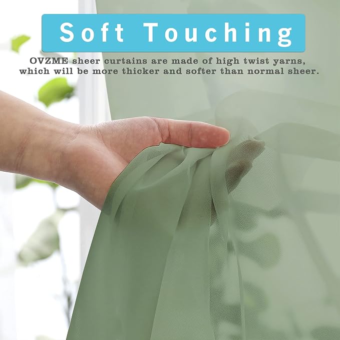 Sage Green Sheer Curtains 36 inches Long, Short Kitchen Window Treatment Solid - Image 2