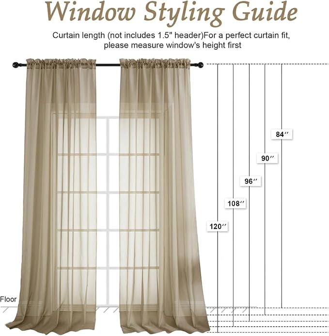 Sheer Taupe Curtains 108 Inches Long 2 Panels Set, 59 Inch Extra Wide - Image 2