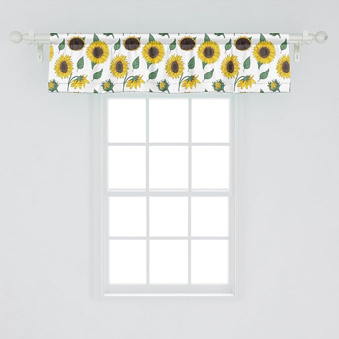 Ambesonne Sunflower Window Valance Pack of 2, Agricultural Pattern Botanical Inspiration Hand-Drawn Flowers, Rod Pocket Curtain Valances for Kitchen Bedroom, 54" X 12", Reseda Green Dark Brown