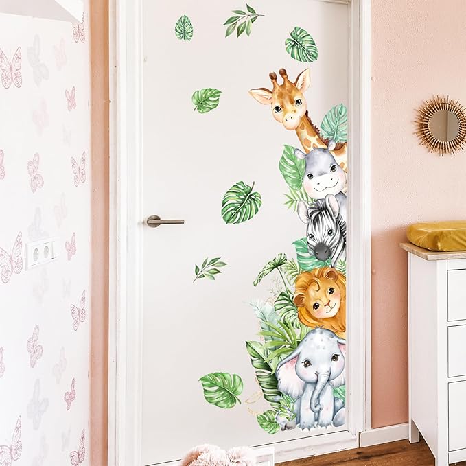Watercolor Jungle Animal Wall Decals, SUNOYAR Forest Animal Wall Stickers for Kids Boys, DIY Elephant Lion Giraffe Zebra Cow Animals Mural Decor for Bedroom Bathroom Wall Door Game Rooms Daycare