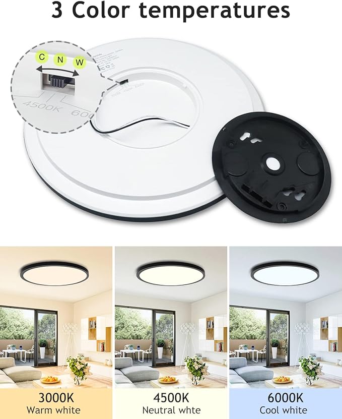 hepside 1PACK Flush Mount LED Ceiling Light Fixture Black, 12Inch 28W, Dimmable 3000K-4500K-6000K 3 Color Selectable Ceiling Lamp 3200LM Low Profile Ceiling Light for Kitchen Bedroom Hallway