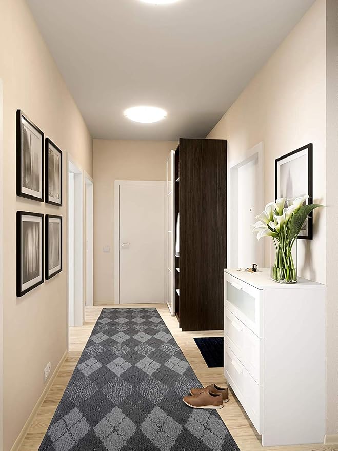 Custom Length Hallway Runner Rug, Slip Resistant, Squares Anthracite, 26 Inch X - Image 3