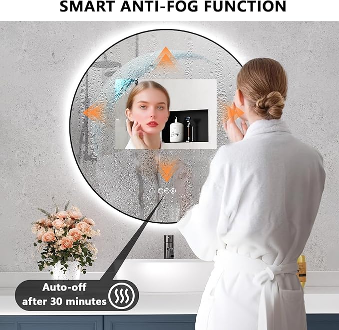 Black Round Mirror 30 inch, Circle Framed Mirror with Backlit & Half Moon Light, Anti-Fog, 3 Color Modes, Dimming Wall-Mounted LED Mirrors for Bathroom, Home Decor, Bathroom, Entryway