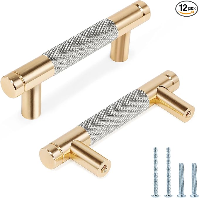 Knurled Cabinet Pulls 12 Pack, 3.5 Inch Long Cabinet Handles Metal Door Pulls, Kitchen Drawer Pull Knurled Dresser Handles - 2 1/2" Hole to Hole, Grey & Gold