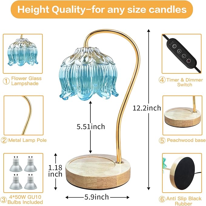 Dimmable Flower Candle Warmer Lamp, Blue Candle Warmer with Timer & 4Bulbs, Womens Gifts for Christmas Birthday, Unique Home Decor for Bedroom Living Room Decor Aesthetic