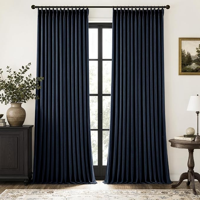 MIULEE Navy Blue Pinch Pleated 100% Blackout Linen Curtains 40x108 Inches | by MIULEE