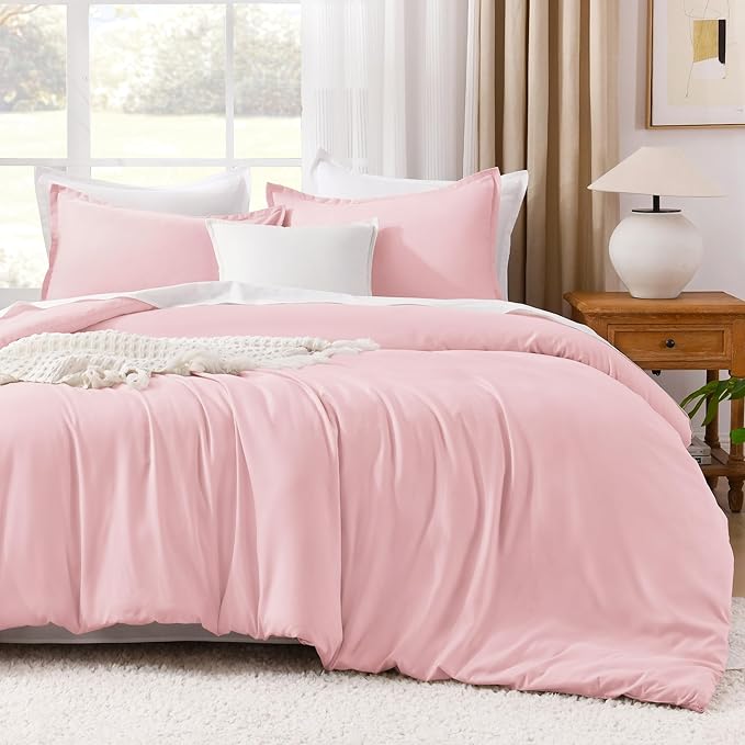 Litanika Comforters Pink Oversized King Size, 3 Pieces Lightweight Solid Bedding Set & Collections, All Season Fluffy Bed Set (120x98In Comforter & 2 Pillowcases)