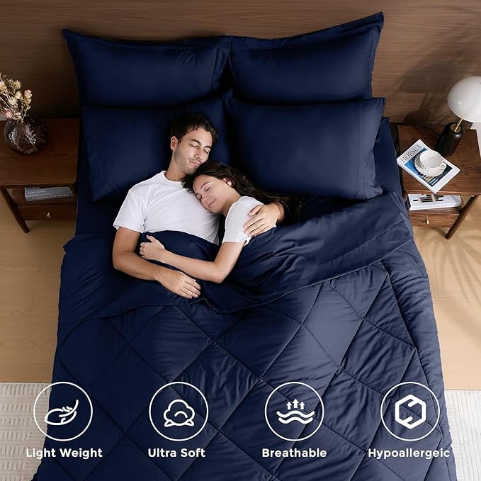 HEVUMYI Navy Blue Twin-XL Comforter Set - 5-Piece All Season Bed in a Bag Twin-XL, Ultra Soft Bedding Set with Comforter, Flat Sheet, Fitted Sheet, Pillowcases, Pillow Shams, Navy Blue