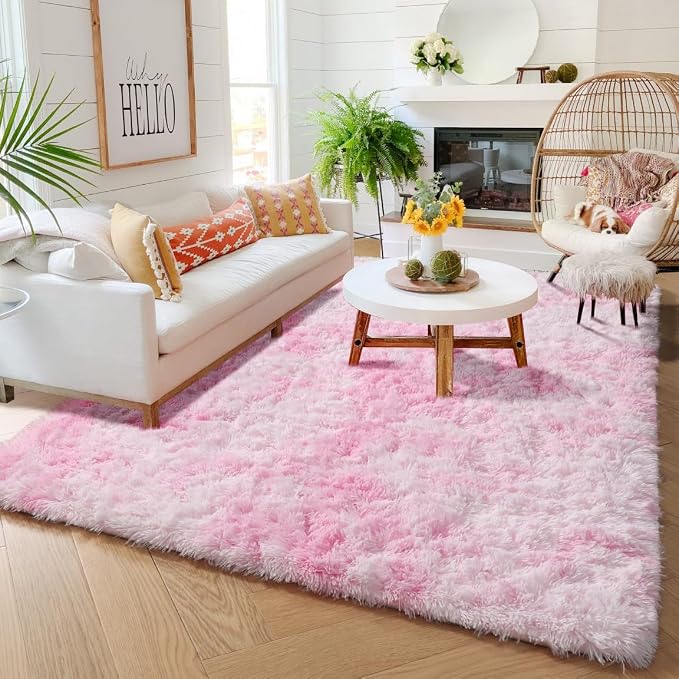 Amdrebio Pink White Fluffy Kawaii Area Rug 4x6 - Image 5