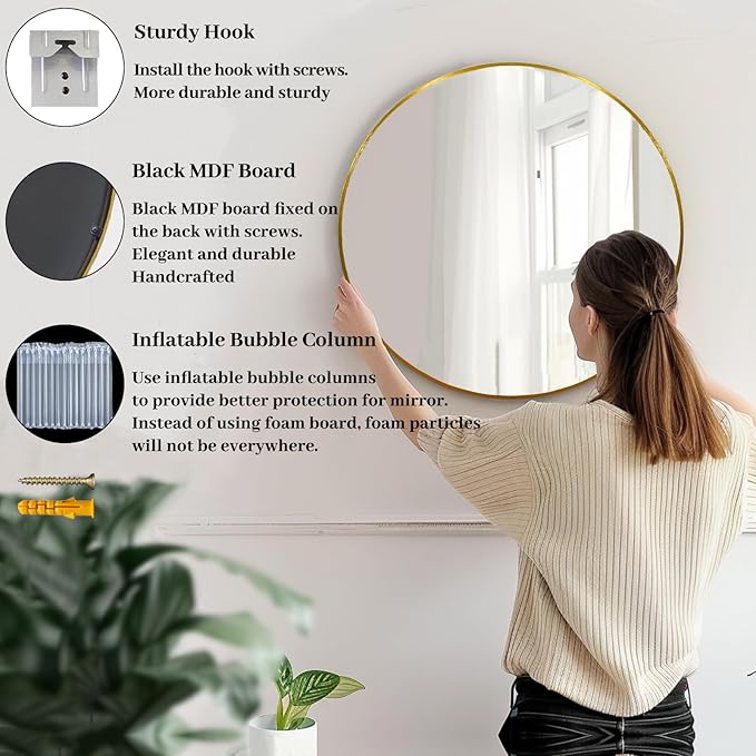 Gold Round Mirror, 24 inch Circle Mirror, Gold Metal Frame Bathroom Mirrors, Round Wall Mounted Mirrors for Bathroom, Hallway, Living Room, Bedroom.