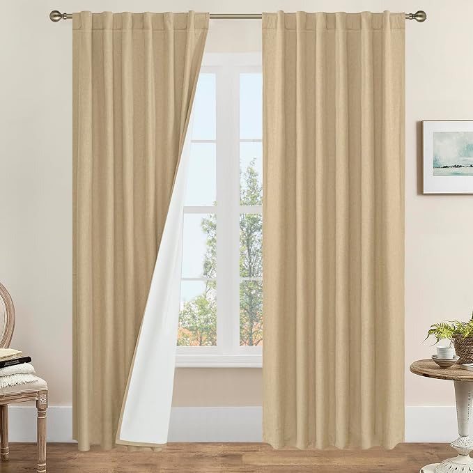 100% Blackout Curtains for Living Room 95 Inches 2 Panels, Burlap | Linen by LAMIT
