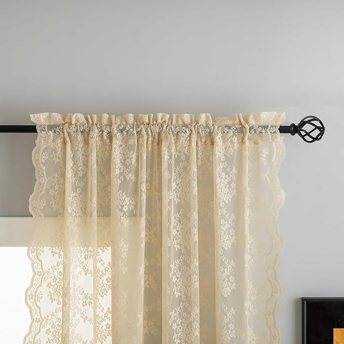 YJ YANJUN Vintage Lace Curtains 90 Inches Long-Victorian Floral Beige Sheer - Image 2