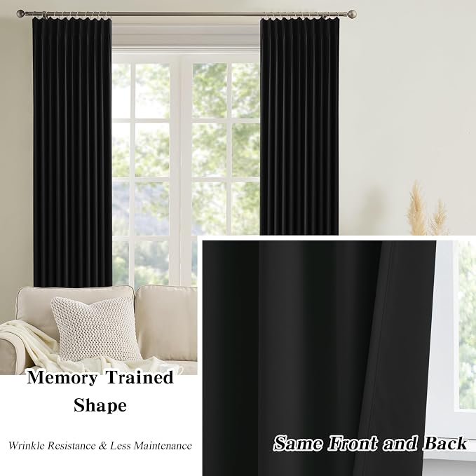 72 Inch Wide Black Pinch Pleated Curtains 72 x 105, Thermal Insulated Noise - Image 6
