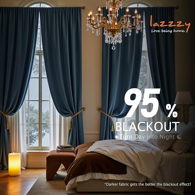 Lazzzy Velvet Blackout Curtains Thermal Insulated Room Window Drapes Super Soft Luxury Curtains for Living Room Bedroom Rod Pocket 2 Panels, Dark Slate, 62" W x 96" L
