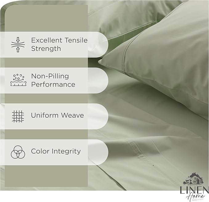 Linen Home 100% Cotton Percale Sheets Twin XL Size, Sage, Deep Pocket, 3 Pieces Set - 1 Flat, 1 Deep Pocket Fitted Sheet and 1 Pillowcase, Crisp Cool and Strong Bed Linen