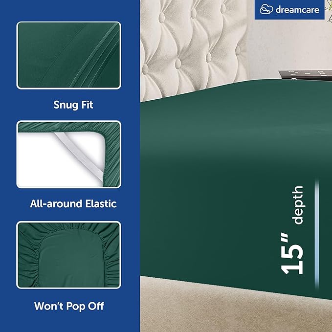 DREAMCARE Queen Size Sheets - Cooling Bed Sheets - 4pcs Set - up to 15" Deep Pocket Queen Sheet Set - Sheets Queen Size Bed - Soft & Long Lasting 100% Fine Microfiber with Side Pocket - Emerald Green