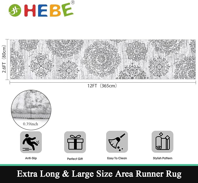 HEBE Hallway Runner Rug 2'8''x12', Washable Non Slip Kitchen Rug Runner | Soft - Image 2