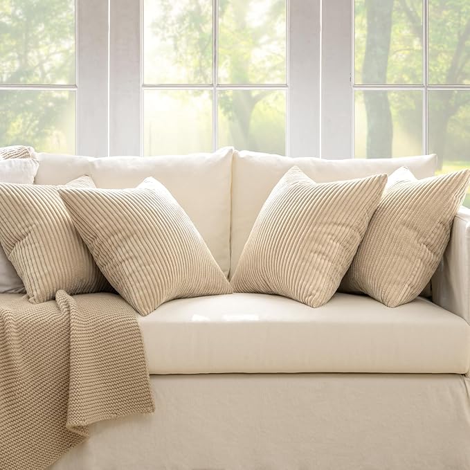 MIULEE Soft Corduroy Decorative Throw Pillow Covers Beige 18x18 | Set of 4 - Image 5