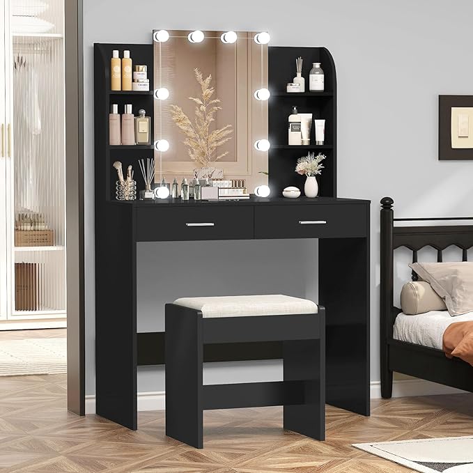 usikey Vanity Desk with Mirror & Lights, Makeup Vanity Table with 2 Large Drawers, 6 Storage Shelves & Stool, Bedroom Dressing Vanity Table with 3 Color Light Adjustable, Black