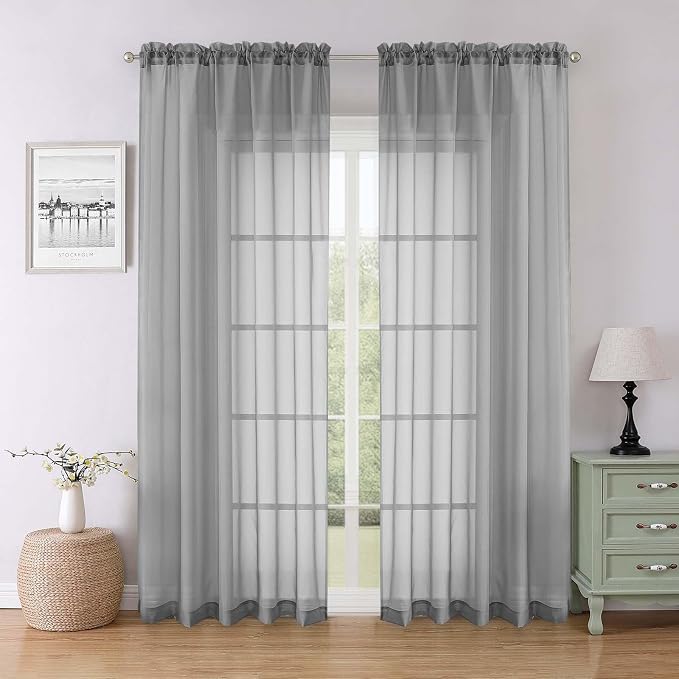 Charcoal Grey Sheer Curtains for Bedroom 84 Inches Long 2 Pcs, Light Filtering by Lecloud
