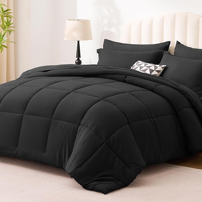 Love's cabin King Size Comforter Set Ash Black, 7 Pieces King Bed in a Bag, All Season Bedding Sets with 1 Comforter, 1 Flat Sheet, 1 Fitted Sheet, 2 Pillowcase and 2 Pillow Sham