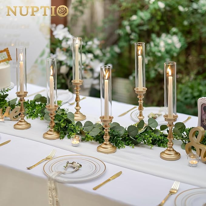 NUPTIO Gold Candlestick Holders Bulk: Set of 6 Tall Hurricane Glass Taper Candleholders - Vintage Candles Stick Stand for Wedding Bridal Shower Birthday Party Centerpiece Decor