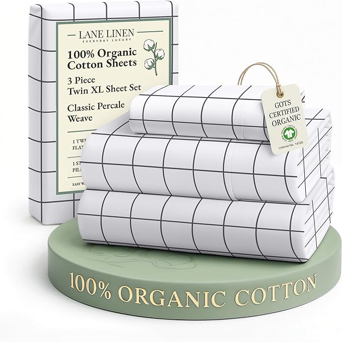 LANE LINEN 100% Organic Cotton Twin XL Bed Sheets, Sustainably Produced Okeo Tex Certified Cotton Sheets, Luxury Hotel Percale Soft & Comfy Comes in Variety of Prints & Colors - Windowpane