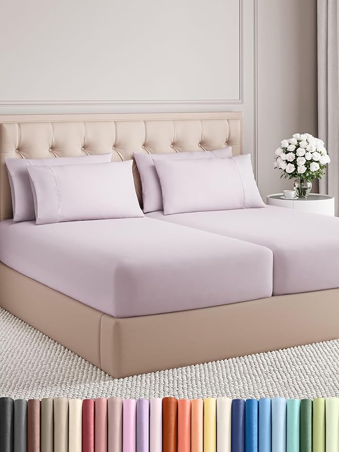 Split King 7 Piece Sheet Set - Comfy Breathable & Cooling - Soft Hotel Luxury Bedding Set w/ 8-16 Inch Deep Pockets - 1 Flat & 2 Fitted Sheet & 4 Pillowcases - Cozy and Wrinkle Free - Light Lavender