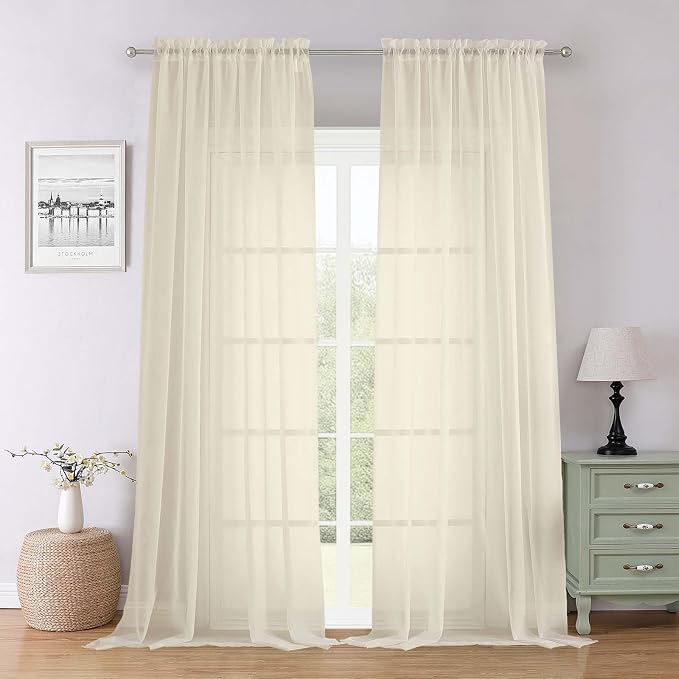 Cream Sheer Curtains 96 Inches Long 2 Panels Set, Modern Farmhouse Decor Light by Lecloud