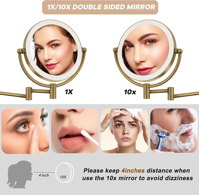 Wall Mounted Makeup Mirror with Lights and 10X Magnification, 8" Rechargeable Double Sided Magnifying Touch Dimmable Extended Arm 360 Rotation, Foldable Vanity Mirror for Bathroom, Antique Brass