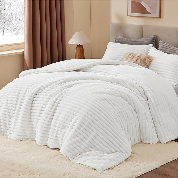 BEDELITE Fleece Full Comforter Set -Super Soft & Warm Fluffy Bright White Bedding, Luxury Fuzzy Heavy Bed Set for Winter with 2 Pillow Cases