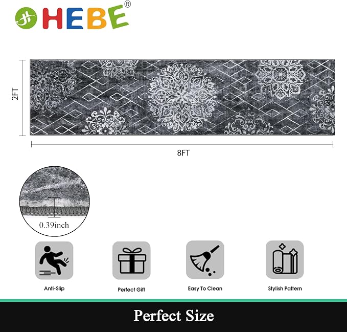 HEBE Hallway Runner Rug 2'x8', Washable Non Slip Kitchen Rug Runner | Soft Boho - Image 2