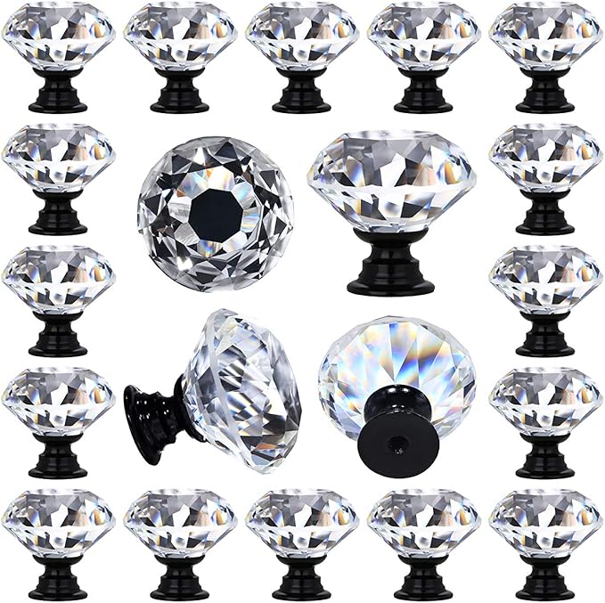 DEELF 26 Packs Kitchen Cabinet Knobs, 30 mm Crystal Cabinet Knobs, Diamond Dresser Handle Drawer Pulls, Dresser Knobs for Cabinets and Drawers, Black Base