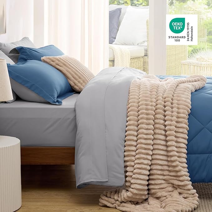 Bedsure King Size Comforter Set - 7 Pieces Reversible Slate Blue Bedding, King Size Bed Set for All Seasons, Bed in a Bag with Down Alternative Comforter, Sheets, Pillowcases & Shams