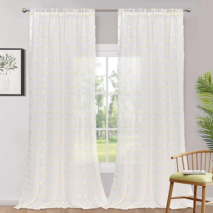 MYSKY HOME 120 Inch Long Living Room Curtains for Windows Sliding Door Yellow Pom Pom Curtains for Bedroom Set of 2 Sheer Curtains Farmhouse Rod Pocket Parties Backdrops 52" x 120"