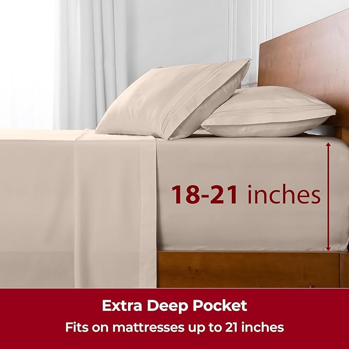 Mellanni Extra Deep Split King Sheets - 5 PC Iconic Collection Bedding - Hotel Luxury, Ultra Soft, Cooling Bed Sheets - Wrinkle, Fade, Stain Resistant (Split King, Beige)