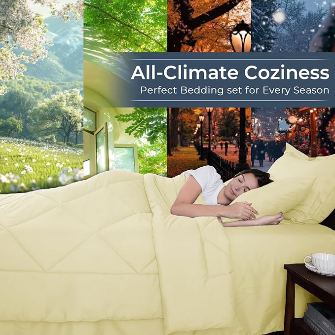 HEVUMYI Cream Yellow Twin-XL Comforter Set - 5-Piece All Season Bed in a Bag Twin-XL, Ultra Soft Bedding Set with Comforter, Flat Sheet, Fitted Sheet, Pillowcases, Pillow Shams