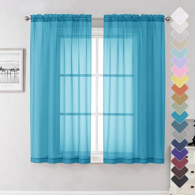Turquoise Sheer Curtains 63 Inch Length 2 Panels, Light Filtering Voile Airy by Lecloud