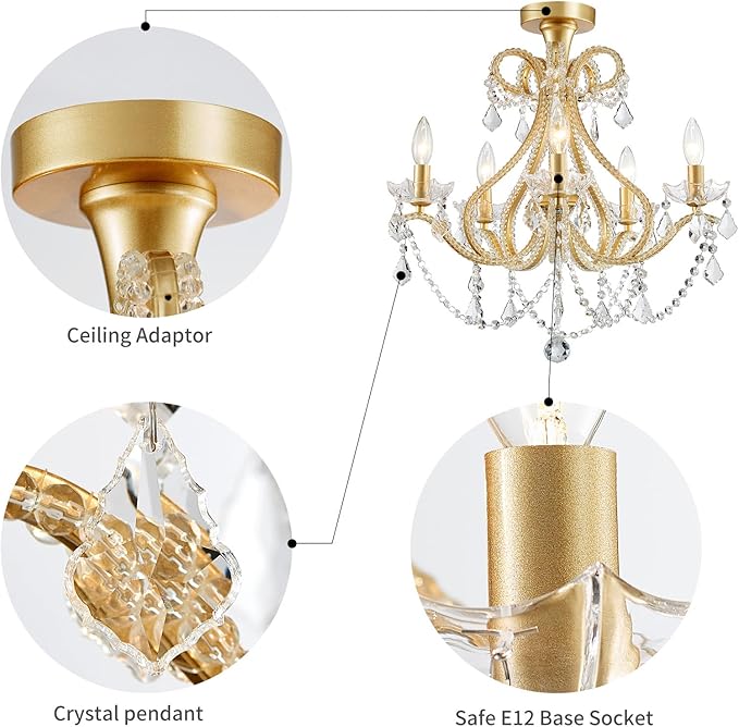 WUZUPS 5-Light Crystal Candle Chandelier Flushmount Ceiling Light Modern Lighting Fixture for Bedroom Hallway Bar Kitchen Bathroom, H 20.9" W 22", E12 Base, Gold